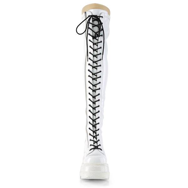 Demonia Women's Shaker-374 Platform Thigh High Boots - White Hologram Stretch Patent D1235-04US Clearance